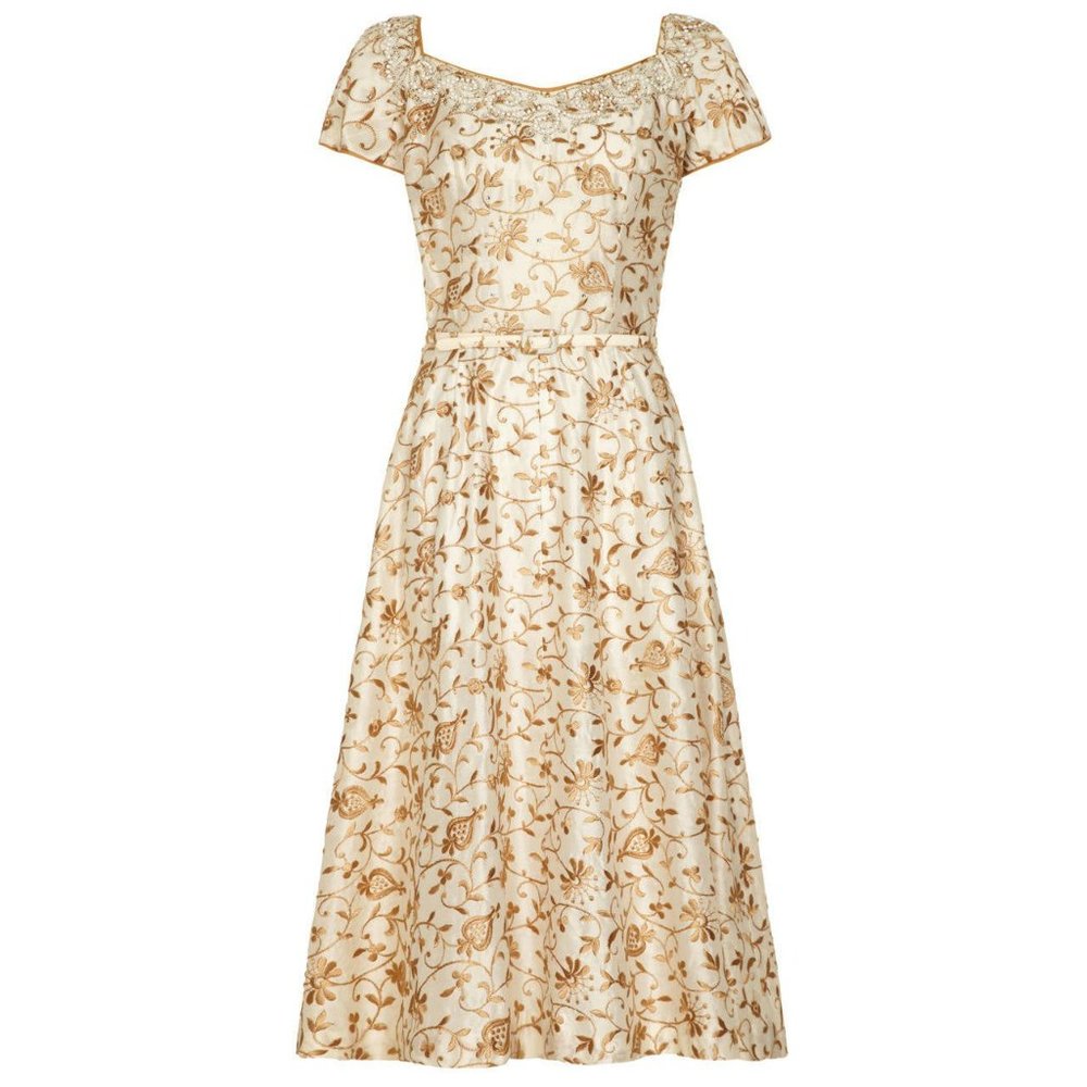 Vintage Kramer of New York Gold and Cream Brocade 1950's Silk Dress.  SZ M